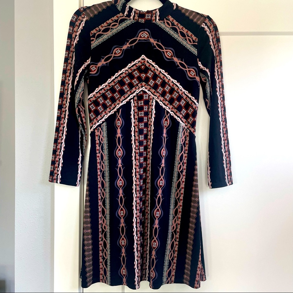 Free People Black and Pink Patterned Long Sleeve Mini Dress